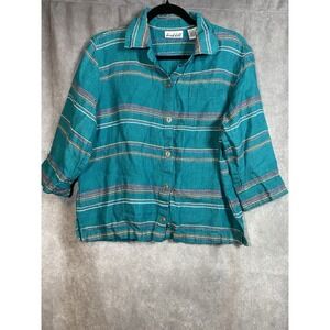 BIRCH HILL Teal Boho Stripe Button-Up CUFFS LINEN Shirt Blouse Top Size L